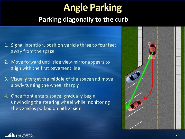 Angle Parking diagonally to the curb 1. Signal intention, position vehicle three to four