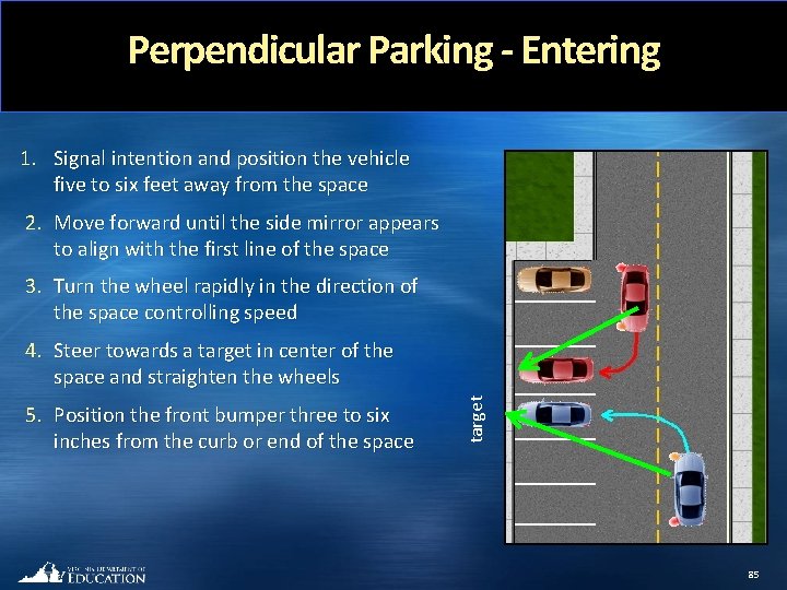 Perpendicular Parking - Entering 1. Signal intention and position the vehicle five to six