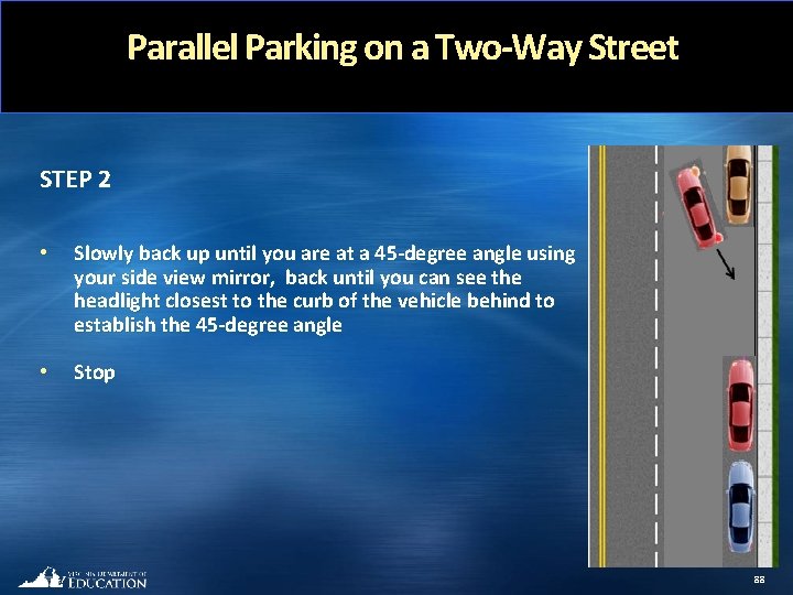 Parallel Parking on a Two-Way Street STEP 2 • Slowly back up until you