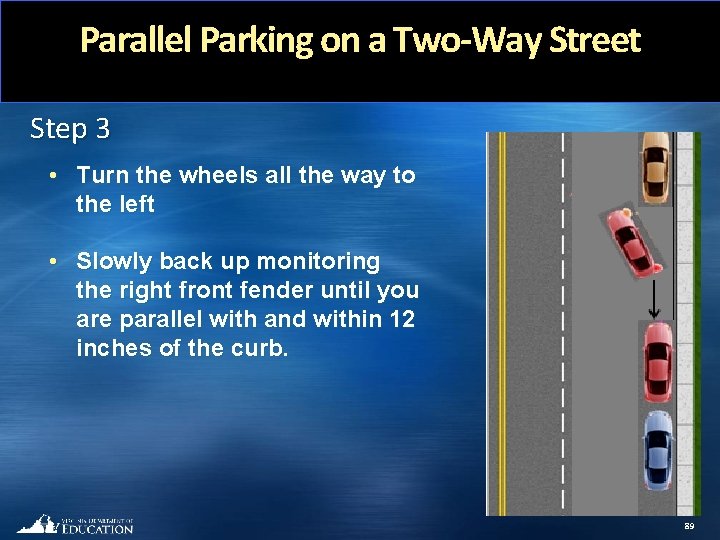 Parallel Parking on a Two-Way Street Step 3 • Turn the wheels all the