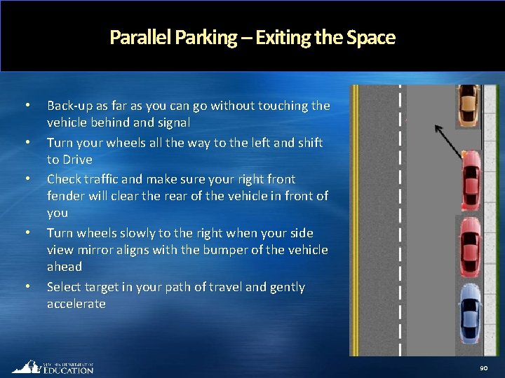 Parallel Parking – Exiting the Space • • • Back-up as far as you