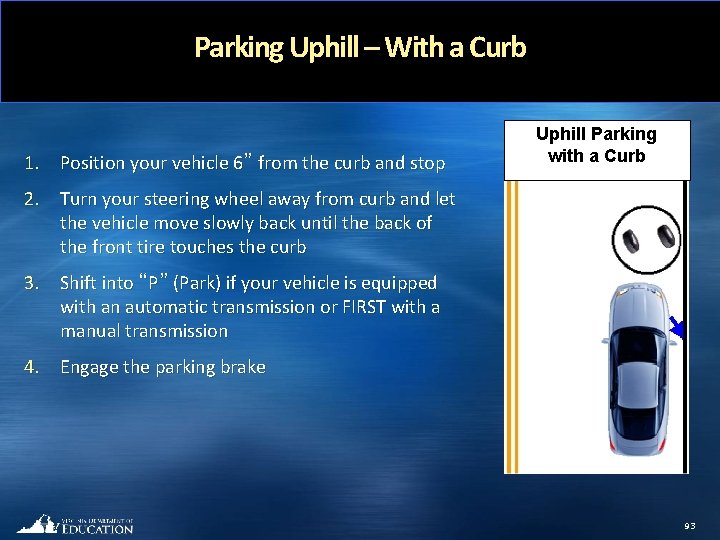 Parking Uphill – With a Curb 1. Position your vehicle 6” from the curb