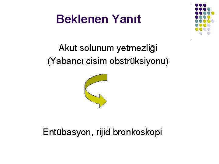 Beklenen Yanıt Akut solunum yetmezliği (Yabancı cisim obstrüksiyonu) Entübasyon, rijid bronkoskopi 