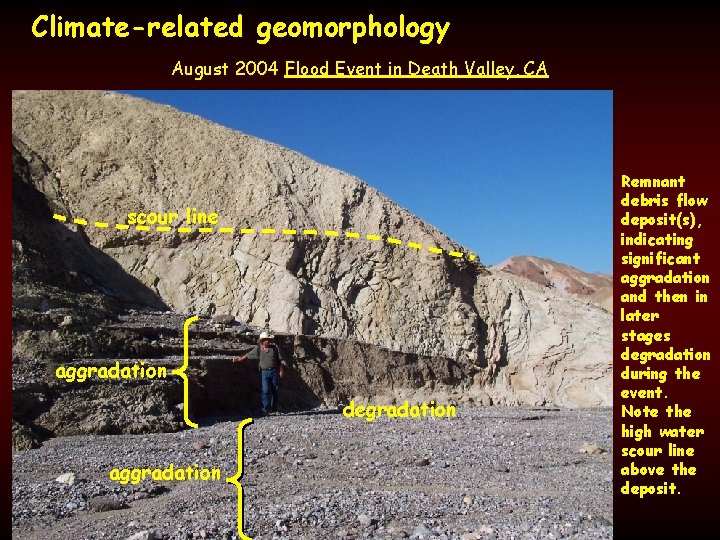 Climate-related geomorphology August 2004 Flood Event in Death Valley, CA scour line aggradation degradation