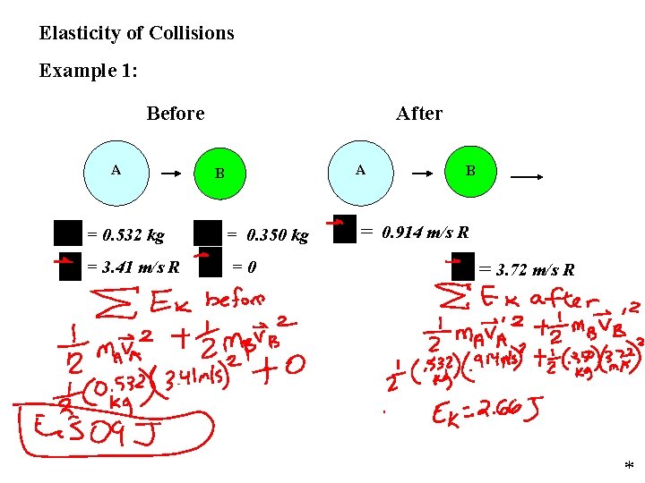 Elasticity of Collisions Example 1: Before A = 0. 532 kg = 3. 41