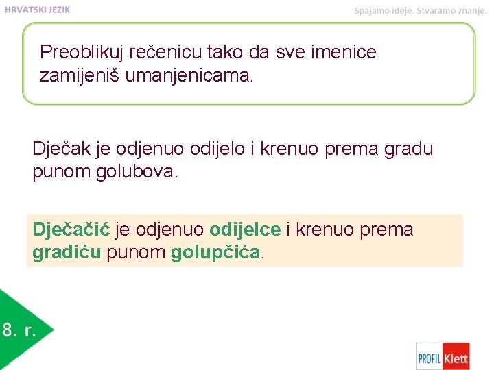 Preoblikuj rečenicu tako da sve imenice zamijeniš umanjenicama. Dječak je odjenuo odijelo i krenuo