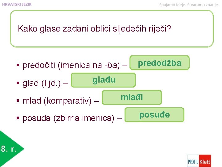 Kako glase zadani oblici sljedećih riječi? § predočiti (imenica na -ba) – § glad
