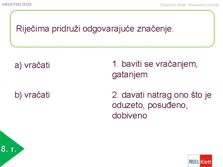 Riječima pridruži odgovarajuće značenje. a) vračati 1. baviti se vračanjem, gatanjem b) vraćati 2.