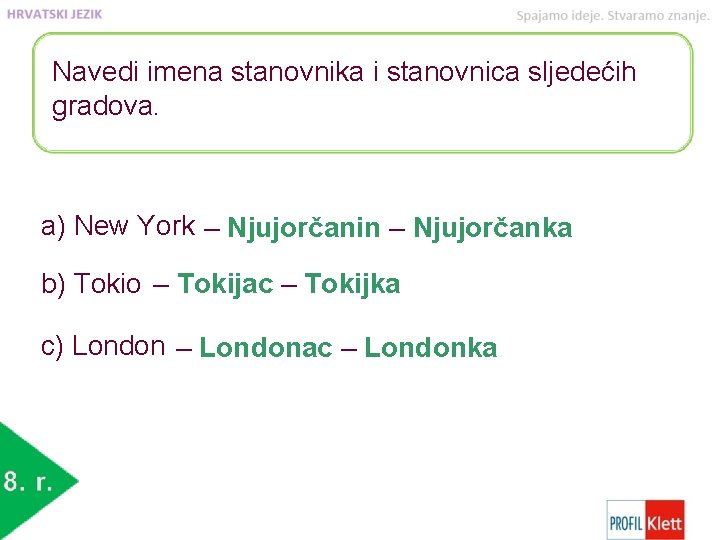 Navedi imena stanovnika i stanovnica sljedećih gradova. a) New York ‒ Njujorčanin ‒ Njujorčanka