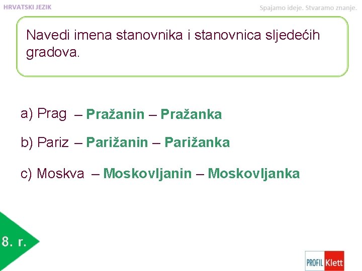 Navedi imena stanovnika i stanovnica sljedećih gradova. a) Prag ‒ Pražanin ‒ Pražanka b)