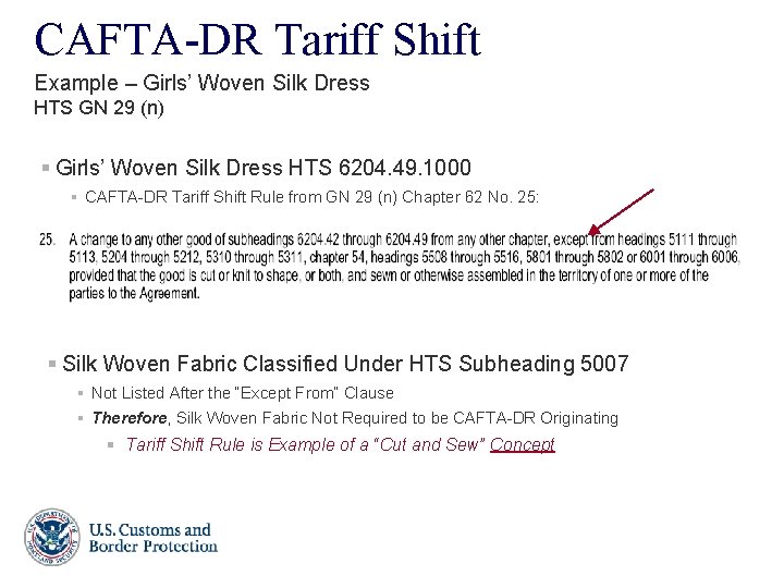 CAFTA-DR Tariff Shift Example – Girls’ Woven Silk Dress HTS GN 29 (n) §