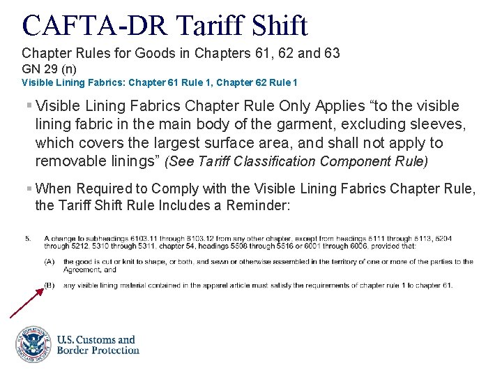 CAFTA-DR Tariff Shift Chapter Rules for Goods in Chapters 61, 62 and 63 GN