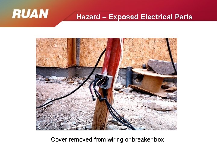 Hazard – Exposed Electrical Parts Cover removed from wiring or breaker box Hazard – Exposed Electrical Parts Cover removed from wiring or breaker box