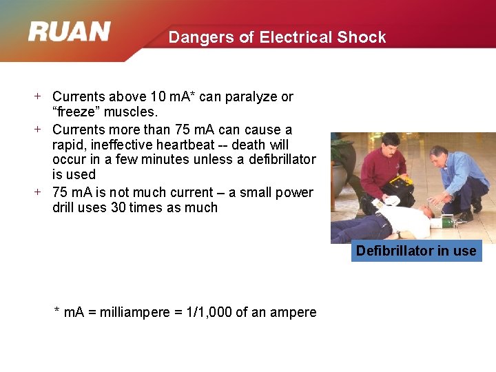 Dangers of Electrical Shock + Currents above 10 m. A* can paralyze or “freeze” Dangers of Electrical Shock + Currents above 10 m. A* can paralyze or “freeze”