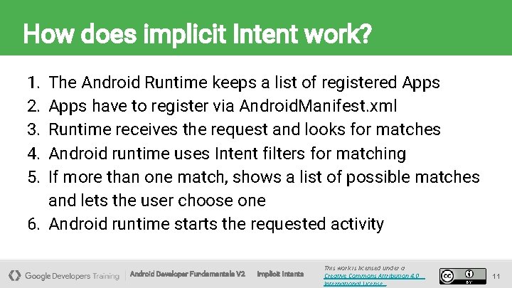 How does implicit Intent work? 1. 2. 3. 4. 5. The Android Runtime keeps