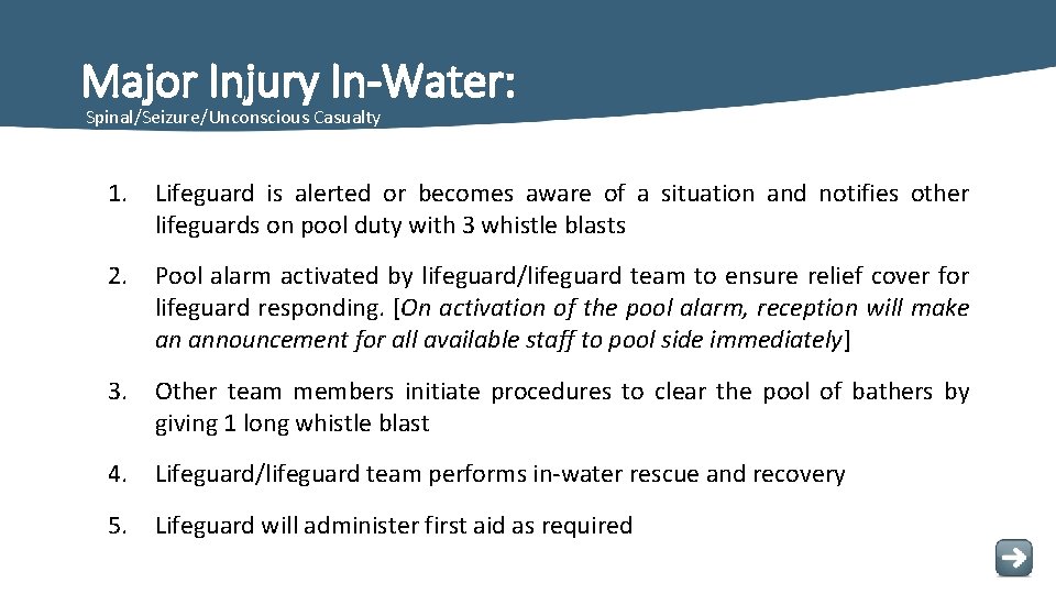 Major Injury In-Water: Spinal/Seizure/Unconscious Casualty 1. Lifeguard is alerted or becomes aware of a