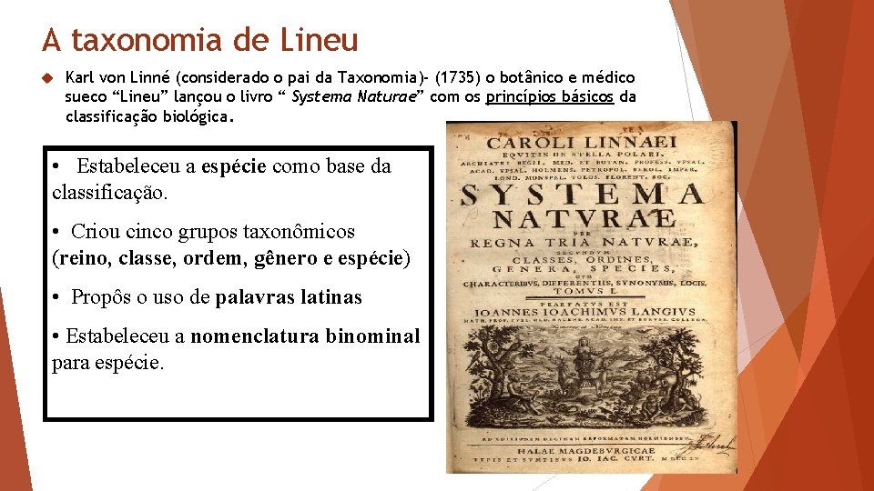 A taxonomia de Lineu Karl von Linné (considerado o pai da Taxonomia)- (1735) o