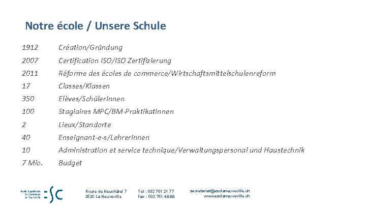 Notre école / Unsere Schule 1912 Création/Gründung 2007 Certification ISO/ISO Zertifizierung 2011 Réforme Notre école / Unsere Schule 1912 Création/Gründung 2007 Certification ISO/ISO Zertifizierung 2011 Réforme
