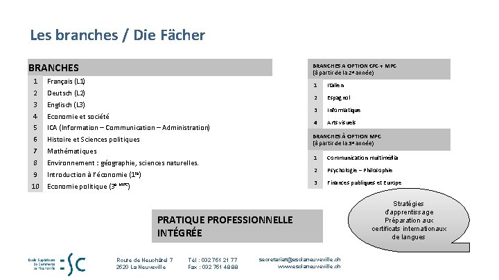 Les branches / Die Fächer BRANCHES A OPTION CFC + MPC (à partir de Les branches / Die Fächer BRANCHES A OPTION CFC + MPC (à partir de