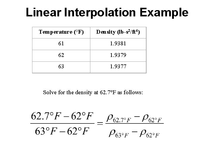 Linear Interpolation Example Temperature (°F) Density (lb-s 2/ft 4) 61 1. 9381 62 1.