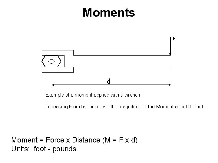 Moments F d Example of a moment applied with a wrench Increasing F or