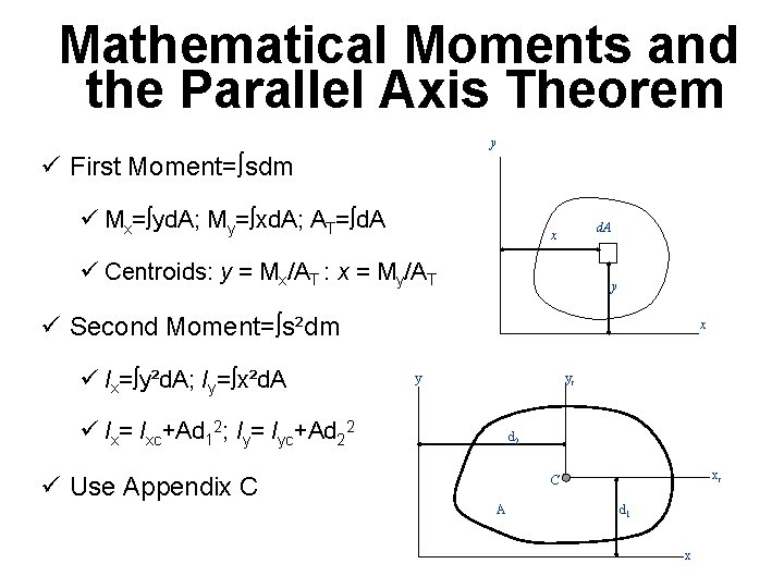 Mathematical Moments and the Parallel Axis Theorem y ü First Moment=òsdm ü Mx=òyd. A;