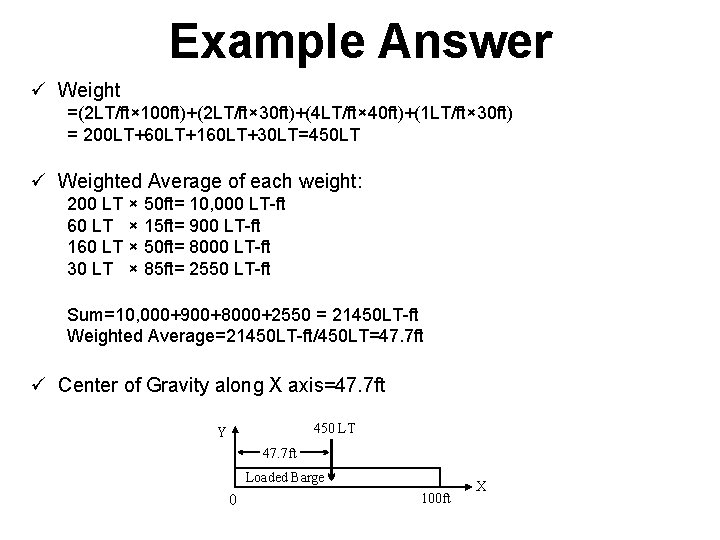 Example Answer ü Weight =(2 LT/ft× 100 ft)+(2 LT/ft× 30 ft)+(4 LT/ft× 40 ft)+(1