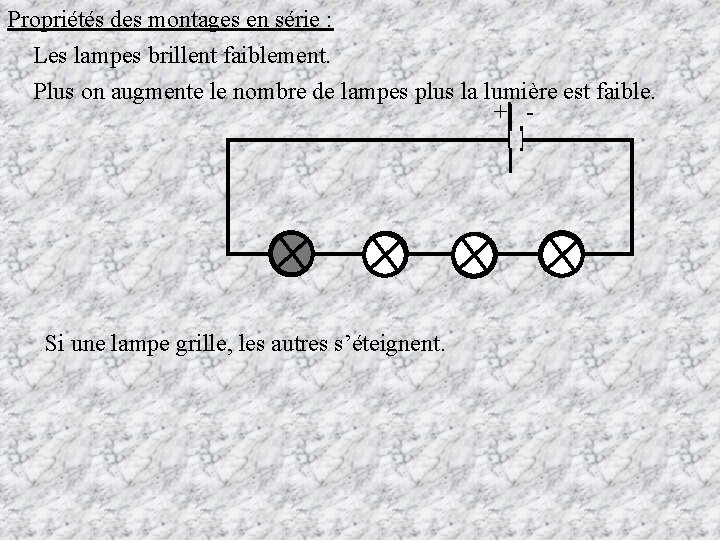 Propriétés des montages en série : Les lampes brillent faiblement. Plus on augmente le