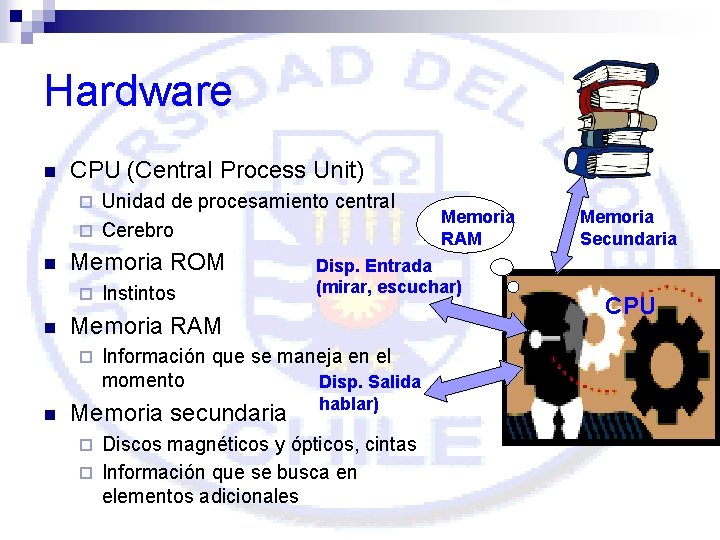 Hardware n CPU (Central Process Unit) Unidad de procesamiento central ¨ Cerebro ¨ n