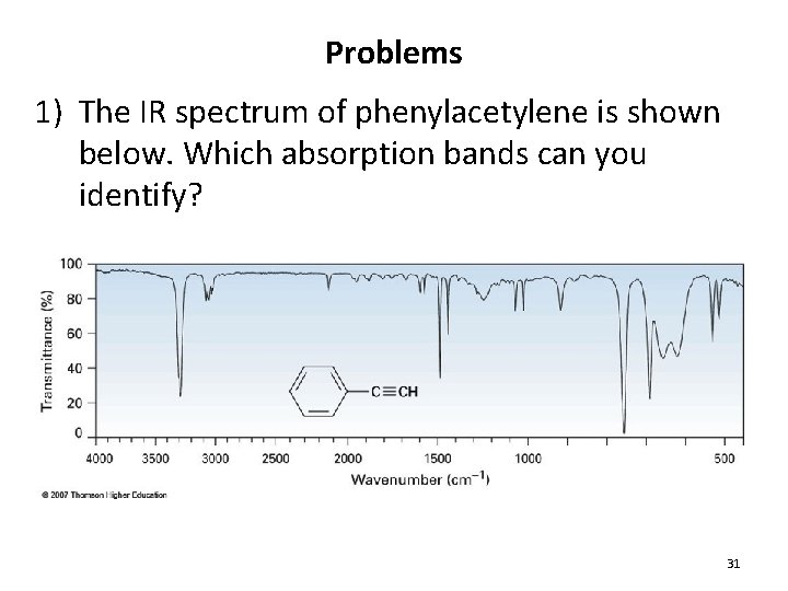 Problems 1) The IR spectrum of phenylacetylene is shown below. Which absorption bands can Problems 1) The IR spectrum of phenylacetylene is shown below. Which absorption bands can