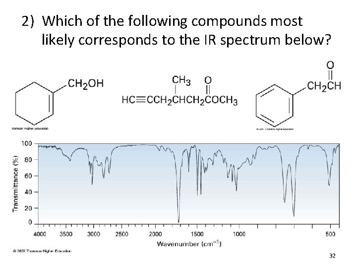 2) Which of the following compounds most likely corresponds to the IR spectrum below? 2) Which of the following compounds most likely corresponds to the IR spectrum below?