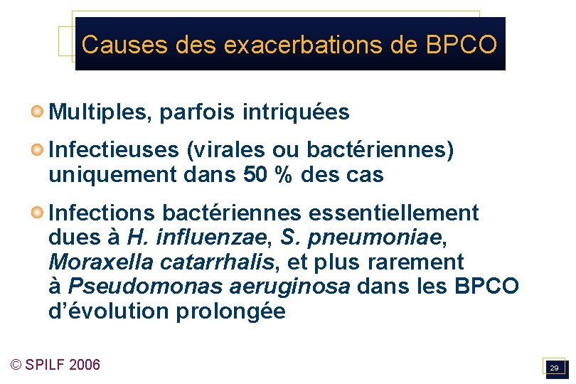 Causes des exacerbations de BPCO Multiples, parfois intriquées Infectieuses (virales ou bactériennes) uniquement dans