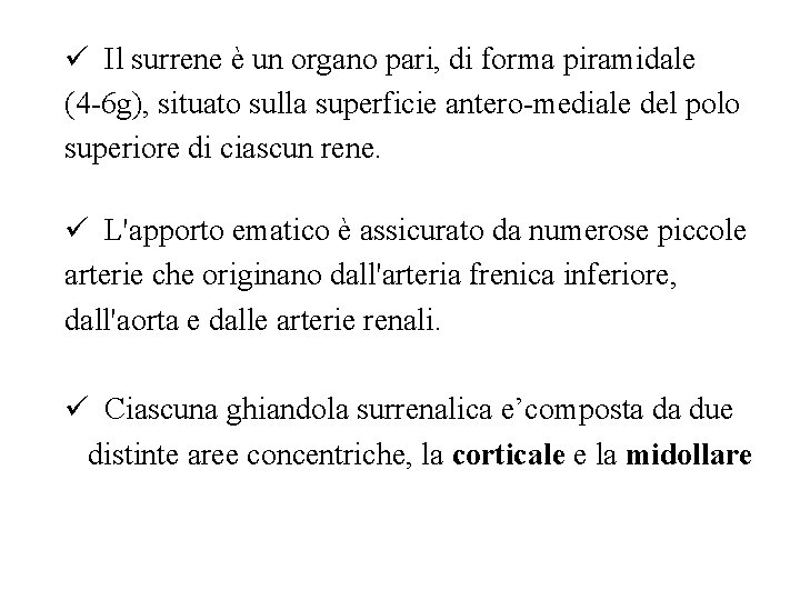 ü Il surrene è un organo pari, di forma piramidale (4 -6 g), situato