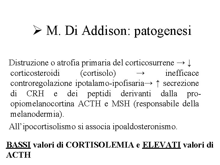Ø M. Di Addison: patogenesi Distruzione o atrofia primaria del corticosurrene → ↓ corticosteroidi