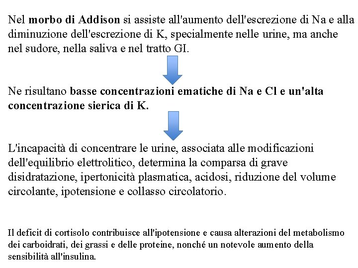 Nel morbo di Addison si assiste all'aumento dell'escrezione di Na e alla diminuzione dell'escrezione