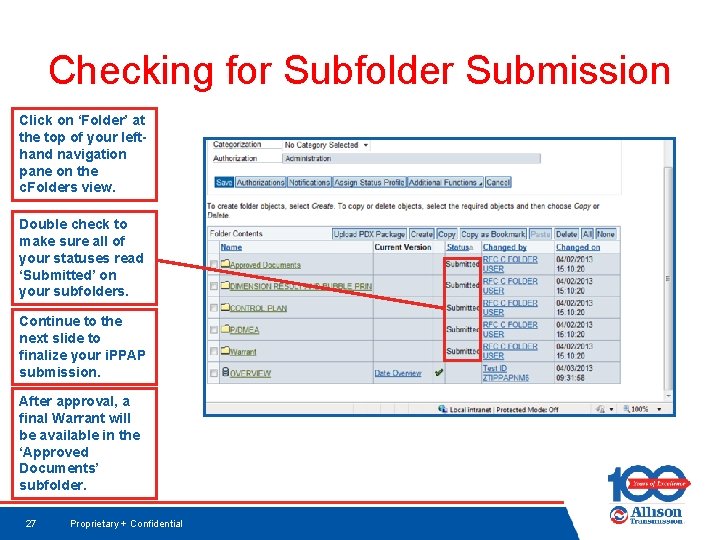 Checking for Subfolder Submission Click on ‘Folder’ at the top of your lefthand navigation