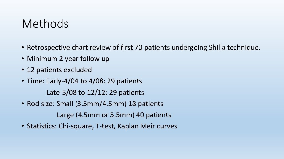 Methods Retrospective chart review of first 70 patients undergoing Shilla technique. Minimum 2 year