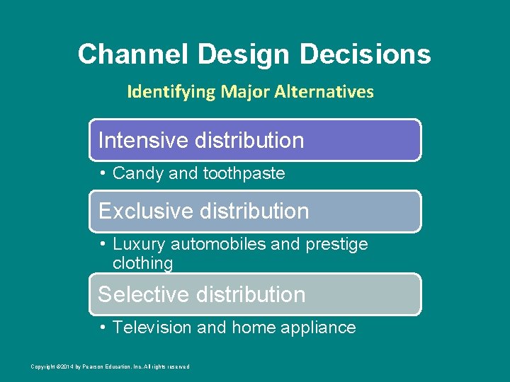 Channel Design Decisions Identifying Major Alternatives Intensive distribution • Candy and toothpaste Exclusive distribution