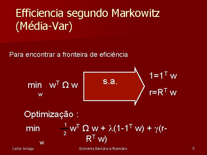 Efficiencia segundo Markowitz (Média-Var) Para encontrar a fronteira de eficiência min w. T Ω Efficiencia segundo Markowitz (Média-Var) Para encontrar a fronteira de eficiência min w. T Ω