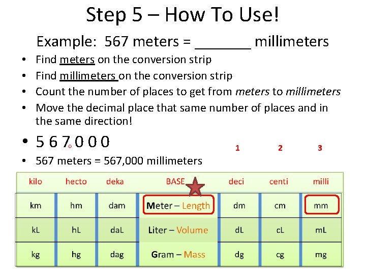 Step 5 – How To Use! Example: 567 meters = _______ millimeters • •