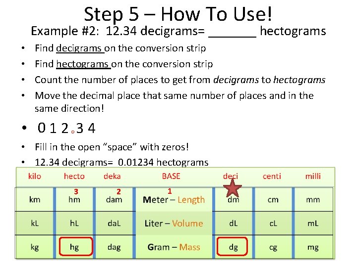 Step 5 – How To Use! Example #2: 12. 34 decigrams= _______ hectograms •