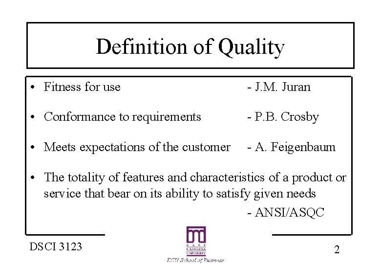 Definition of Quality • Fitness for use - J. M. Juran • Conformance to