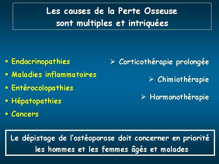 Les causes de la Perte Osseuse sont multiples et intriquées § Endocrinopathies § Maladies