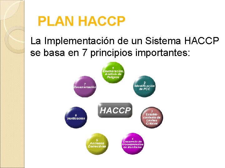 PLAN HACCP La Implementación de un Sistema HACCP se basa en 7 principios importantes: