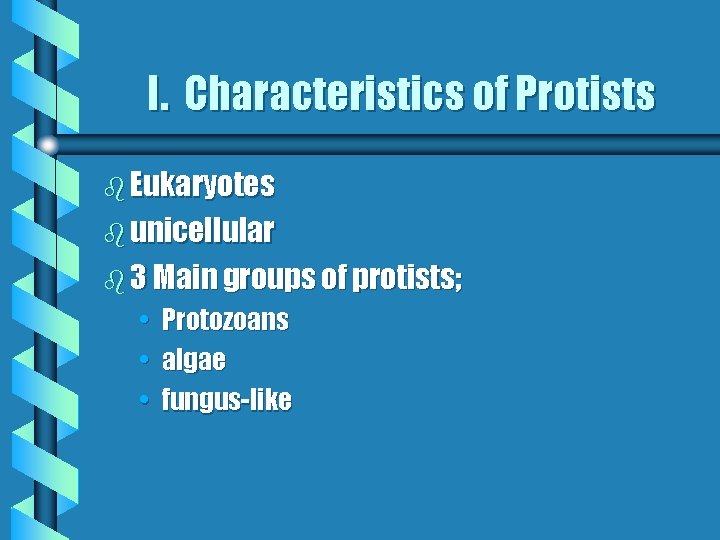 I. Characteristics of Protists b Eukaryotes b unicellular b 3 Main groups of protists;