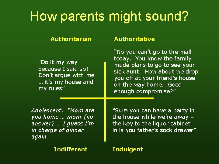 How parents might sound? Authoritarian “Do it my way because I said so! Don’t