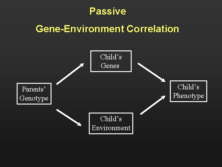 Passive Gene-Environment Correlation Child’s Genes Child’s Phenotype Parents’ Genotype Child’s Environment 