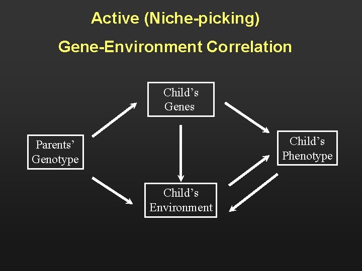 Active (Niche-picking) Gene-Environment Correlation Child’s Genes Child’s Phenotype Parents’ Genotype Child’s Environment 
