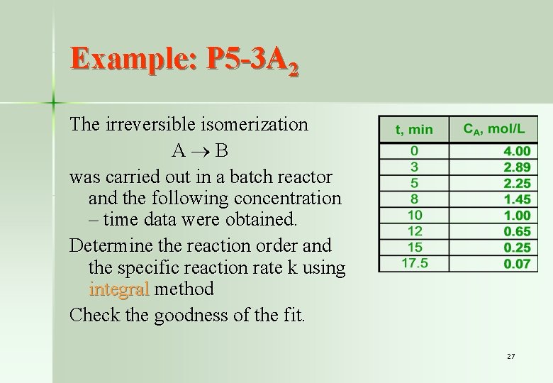 Example: P 5 -3 A 2 The irreversible isomerization A B was carried out