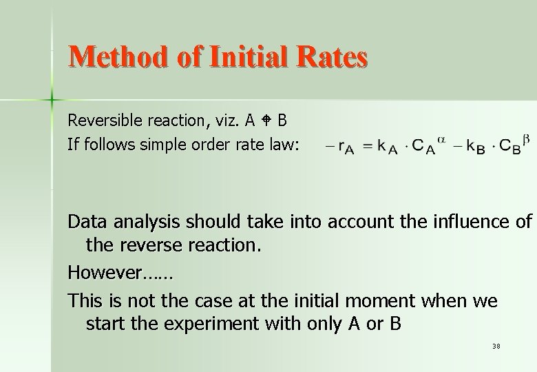 Method of Initial Rates Reversible reaction, viz. A B If follows simple order rate